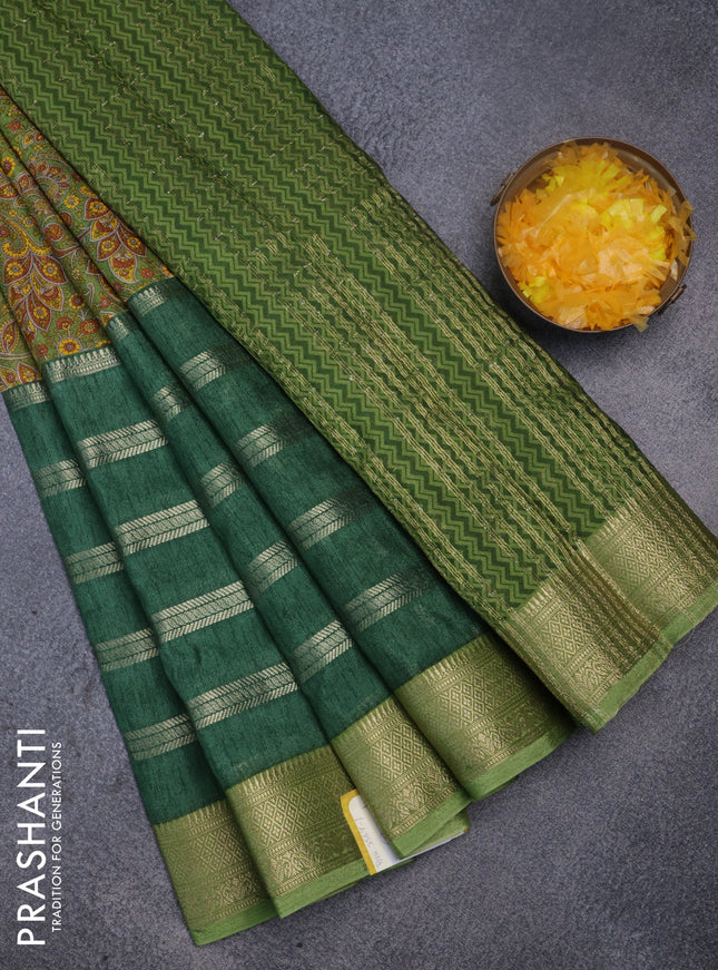 Semi mysore crepe saree light green and green with panel prints and long zari woven border