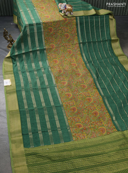 Semi mysore crepe saree light green and green with panel prints and long zari woven border