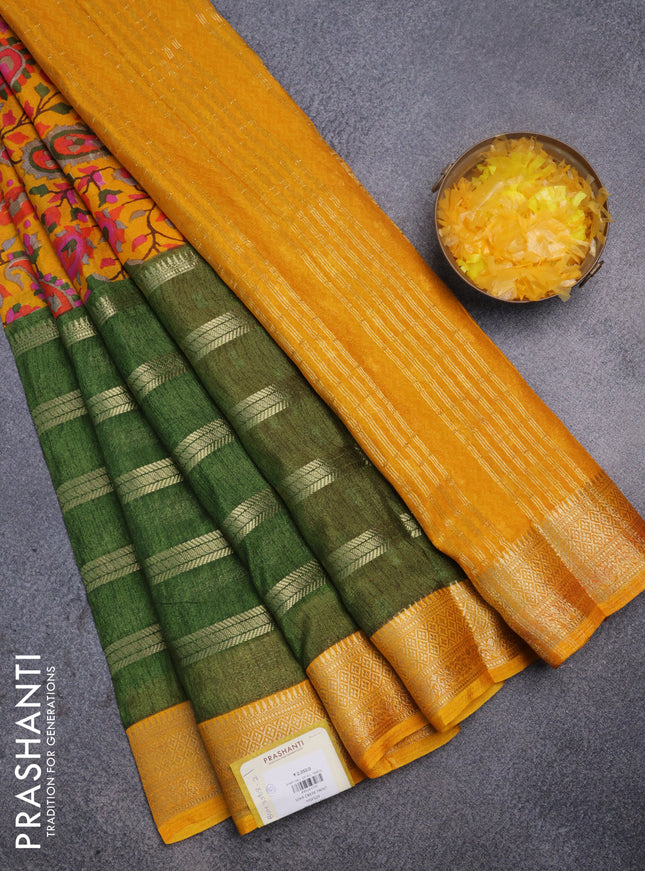 Semi mysore crepe saree mustard yellow and sap green with panel prints and long zari woven border
