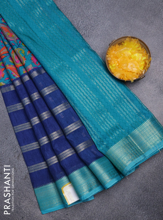 Semi mysore crepe saree teal blue and blue with panel prints and long zari woven border