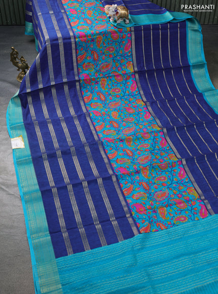 Semi mysore crepe saree teal blue and blue with panel prints and long zari woven border