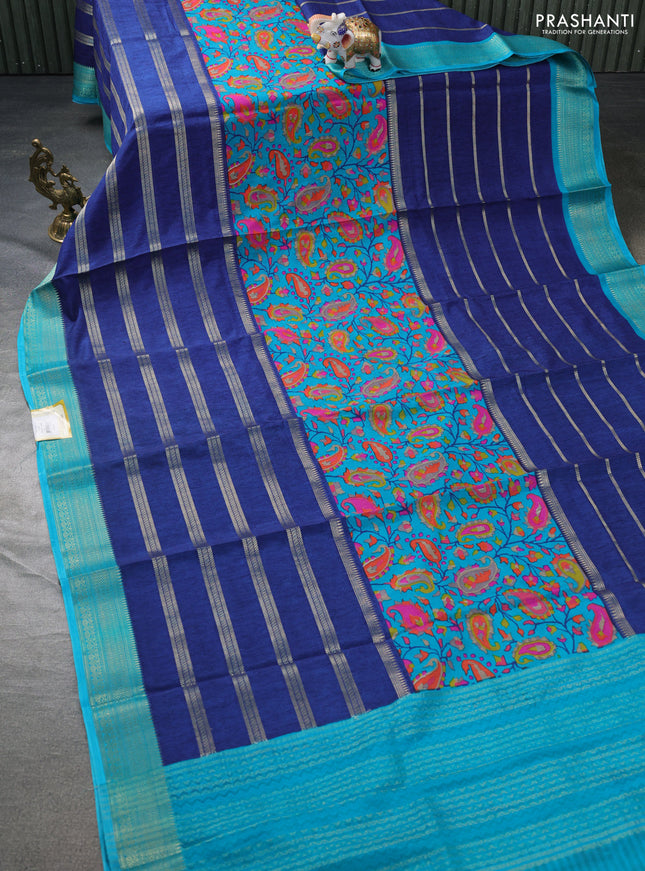 Semi mysore crepe saree teal blue and blue with panel prints and long zari woven border
