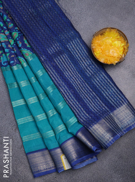 Semi mysore crepe saree blue and teal blue with panel prints and long zari woven border