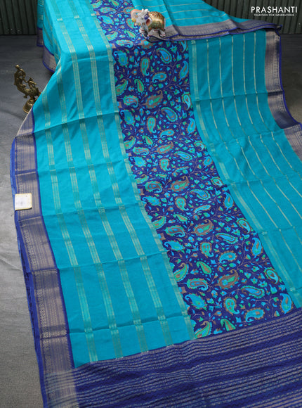 Semi mysore crepe saree blue and teal blue with panel prints and long zari woven border