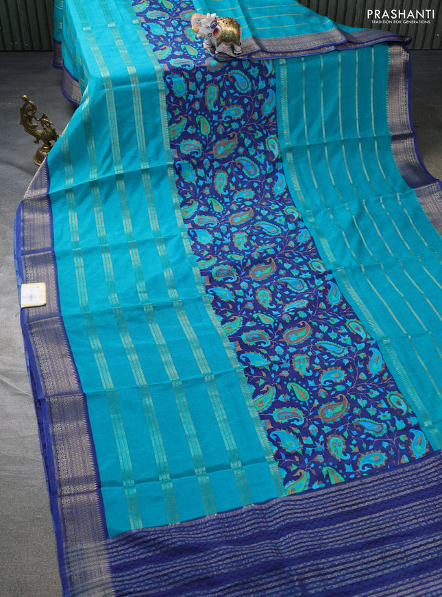 Semi mysore crepe saree blue and teal blue with panel prints and long zari woven border