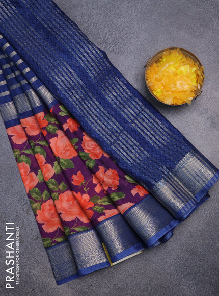 Semi mysore crepe saree blue and purple with zari weaves and long printed border