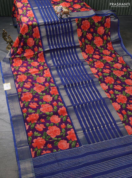 Semi mysore crepe saree blue and purple with zari weaves and long printed border