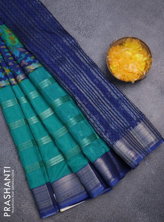 Semi mysore crepe saree blue and teal blue with panel prints and long zari woven border