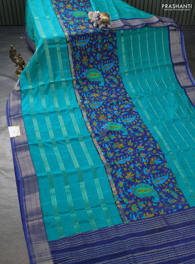 Semi mysore crepe saree blue and teal blue with panel prints and long zari woven border