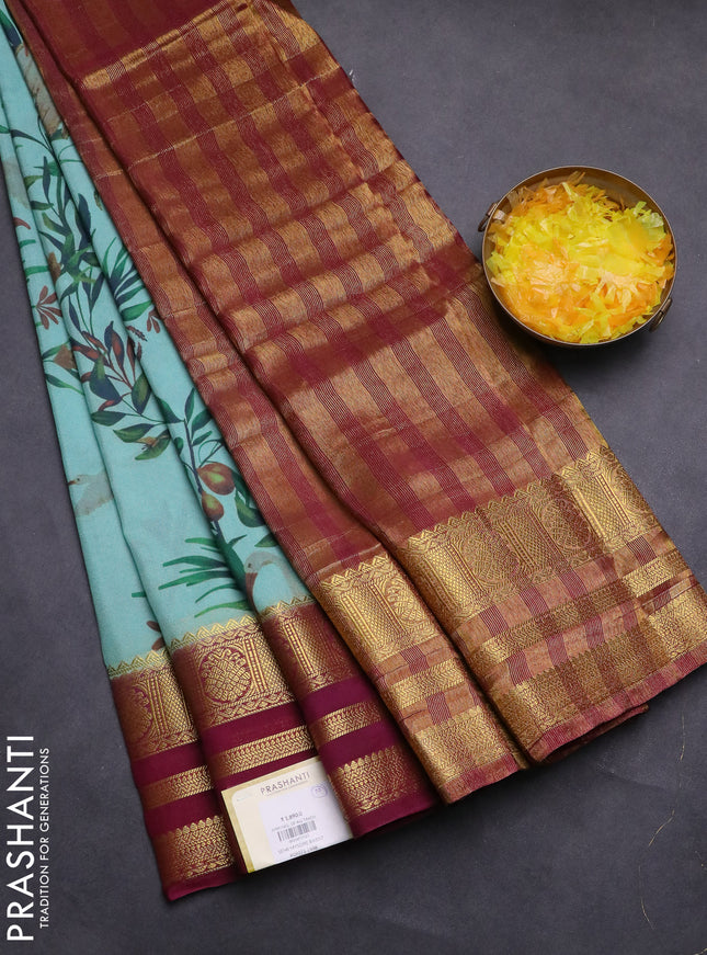 Semi mysore silk saree teal blue and dark magenta pink with floral prints and zari woven border
