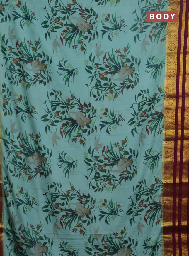 Semi mysore silk saree teal blue and dark magenta pink with floral prints and zari woven border