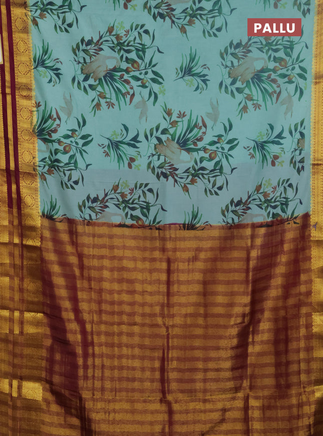 Semi mysore silk saree teal blue and dark magenta pink with floral prints and zari woven border