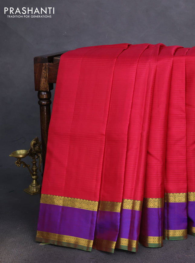 Pure kanchipuram silk saree red and dual shade of violet with allover stripe pattern and rettapet zari woven border