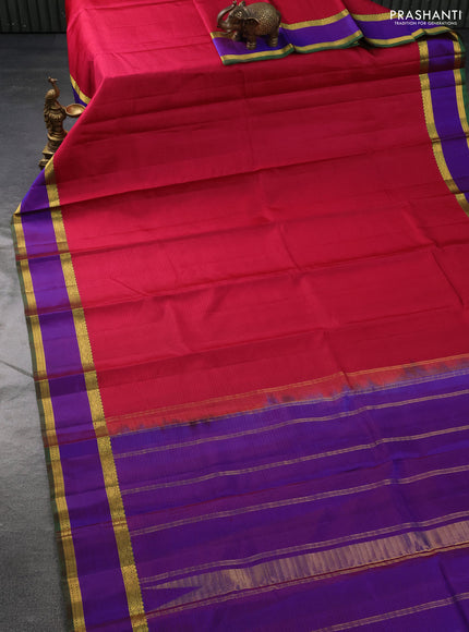 Pure kanchipuram silk saree red and dual shade of violet with allover stripe pattern and rettapet zari woven border