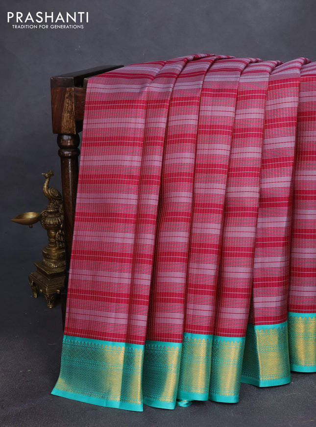 Pure kanchipuram silk saree maroon grey and teal blue with allover stripe pattern and zari woven korvai border