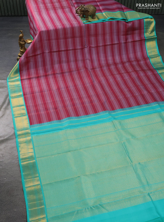 Pure kanchipuram silk saree maroon grey and teal blue with allover stripe pattern and zari woven korvai border
