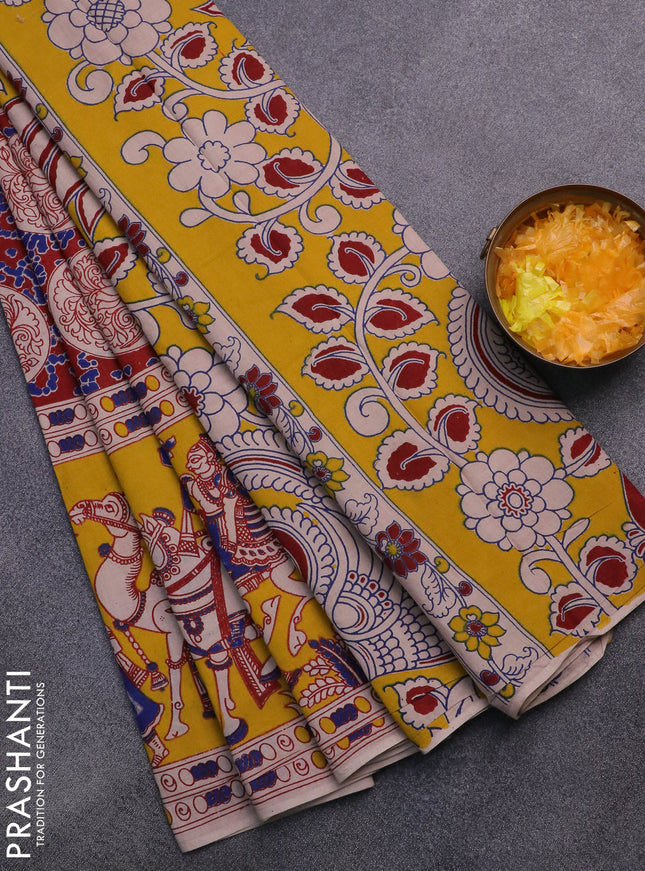 Kalamkari cotton saree maroon and yellow with allover prints and long printed border