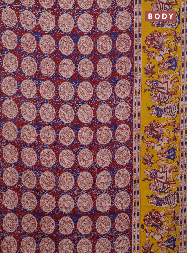 Kalamkari cotton saree maroon and yellow with allover prints and long printed border