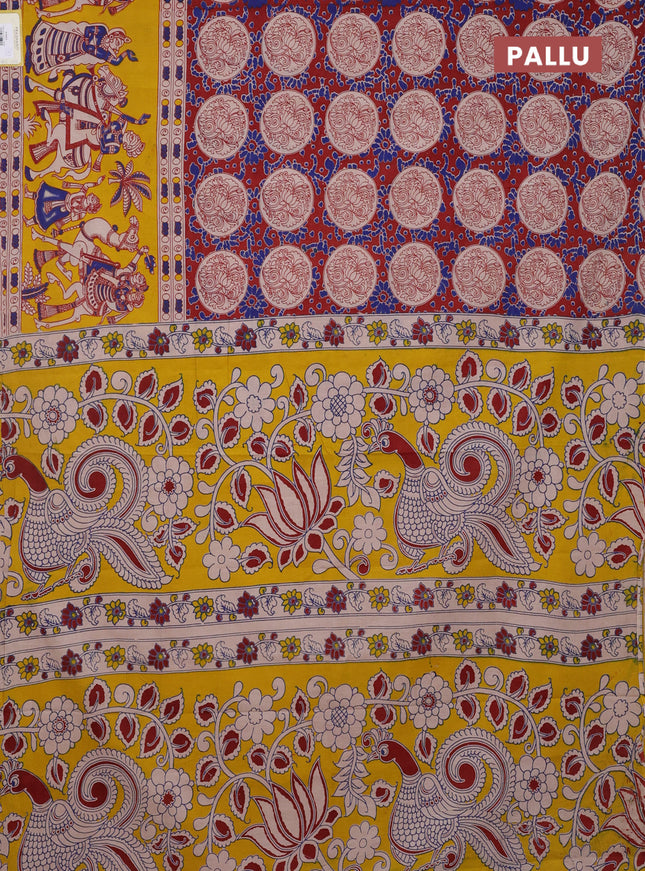 Kalamkari cotton saree maroon and yellow with allover prints and long printed border