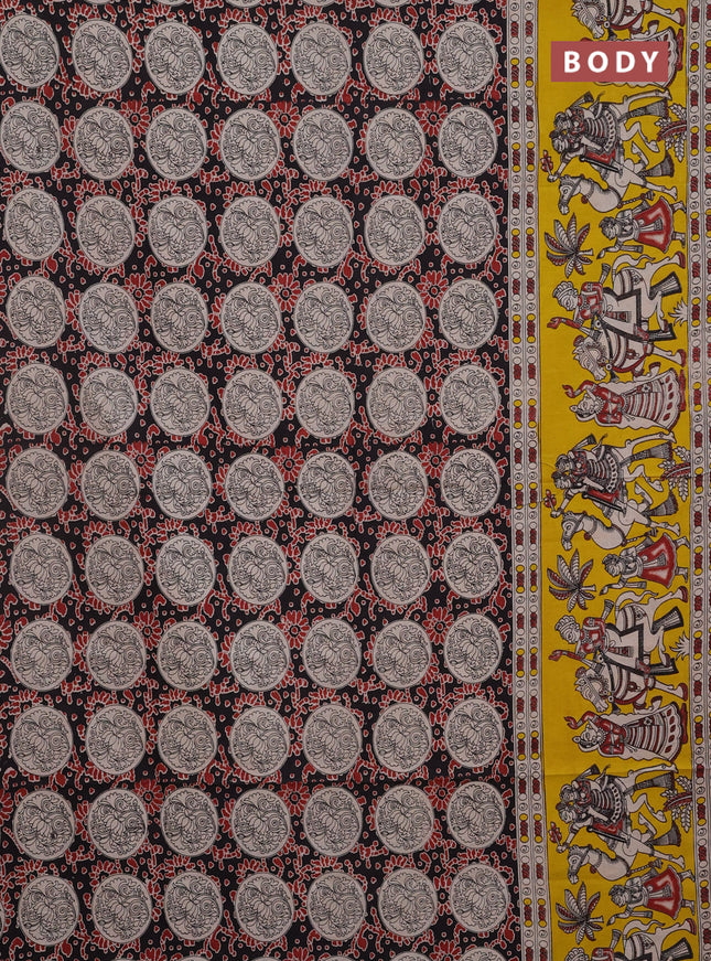Kalamkari cotton saree black and yellow with allover prints and long printed border
