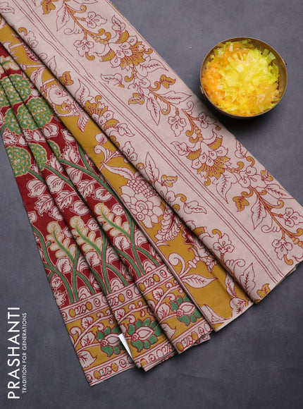 Kalamkari cotton saree maroon and mustard shade with allover prints and printed border