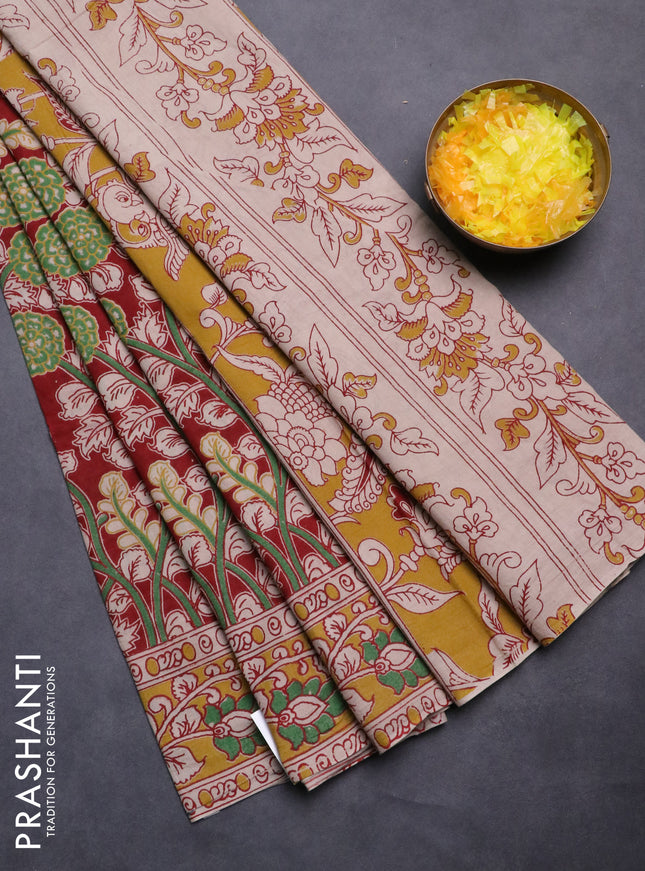 Kalamkari cotton saree maroon and mustard shade with allover prints and printed border