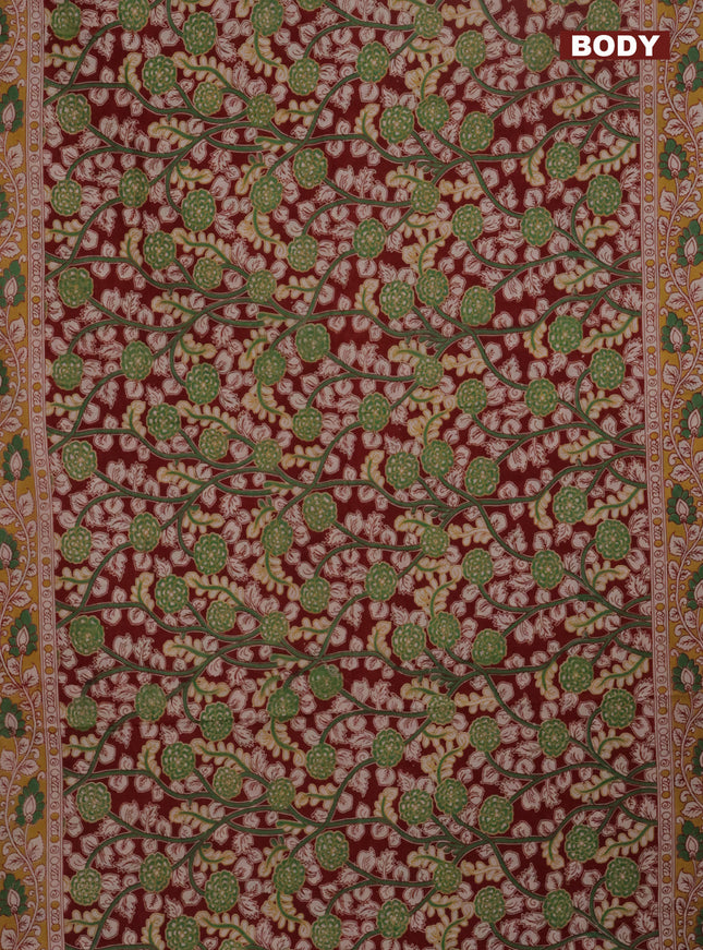 Kalamkari cotton saree maroon and mustard shade with allover prints and printed border