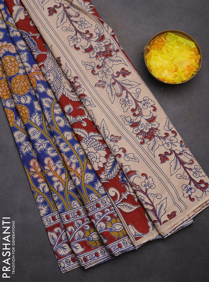 Kalamkari cotton saree blue and maroon with allover prints and printed border