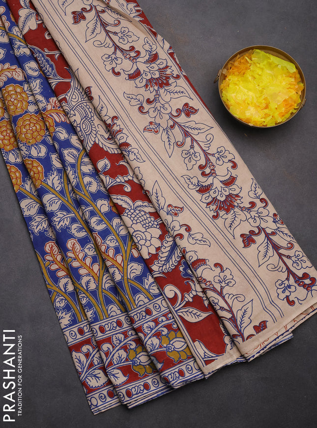 Kalamkari cotton saree blue and maroon with allover prints and printed border