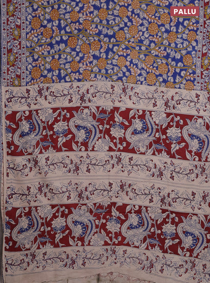 Kalamkari cotton saree blue and maroon with allover prints and printed border