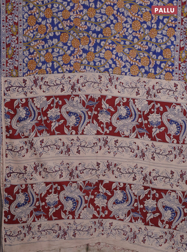 Kalamkari cotton saree blue and maroon with allover prints and printed border