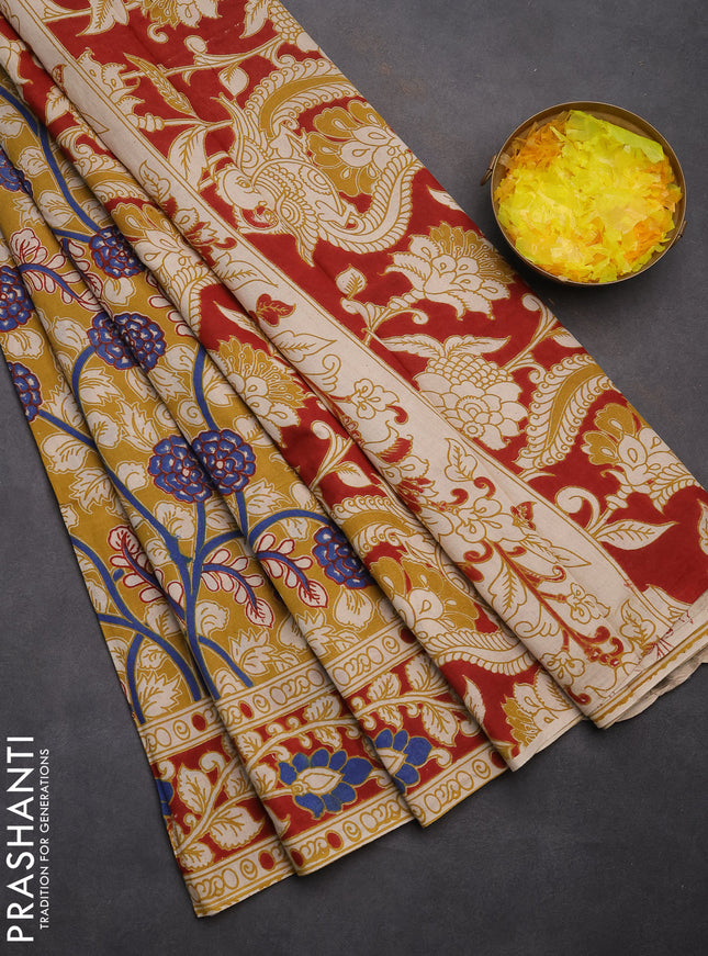 Kalamkari cotton saree mustard yellow and maroon with allover prints and printed border