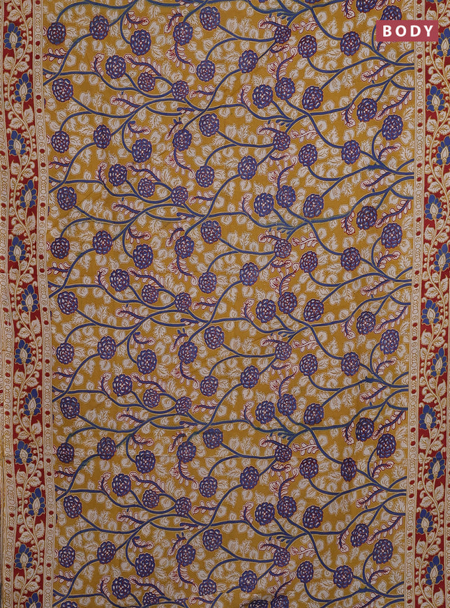Kalamkari cotton saree mustard yellow and maroon with allover prints and printed border