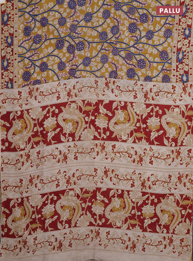 Kalamkari cotton saree mustard yellow and maroon with allover prints and printed border