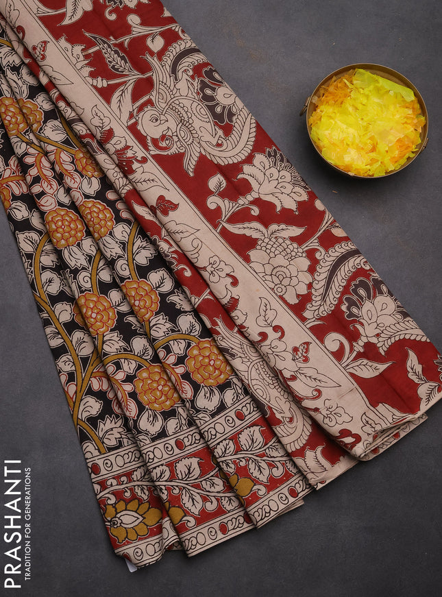 Kalamkari cotton saree black and maroon with allover prints and printed border