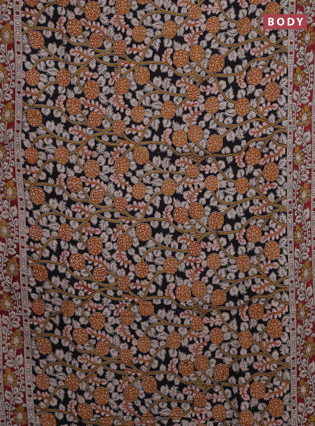 Kalamkari cotton saree black and maroon with allover prints and printed border