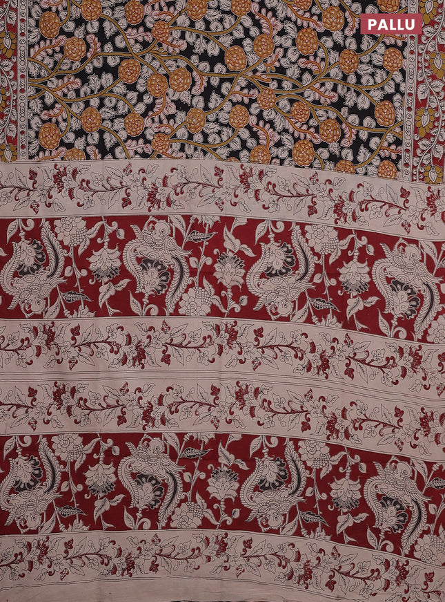 Kalamkari cotton saree black and maroon with allover prints and printed border