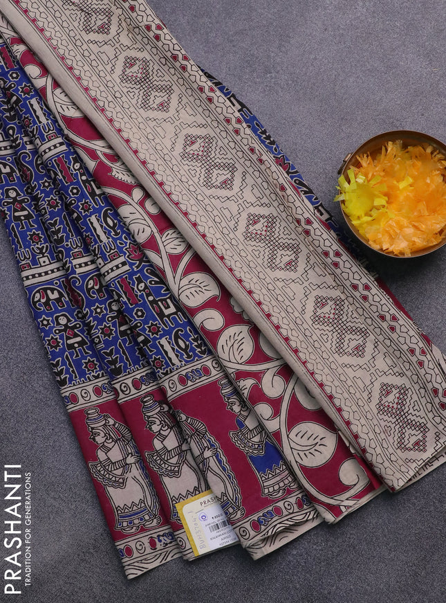 Kalamkari cotton saree blue and magenta pink with allover prints and printed border