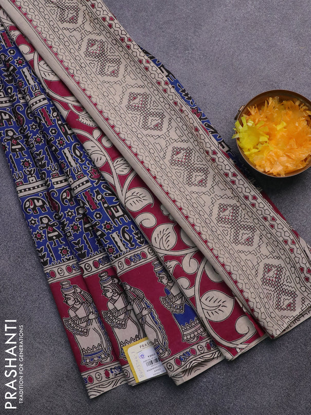 Kalamkari cotton saree blue and magenta pink with allover prints and printed border