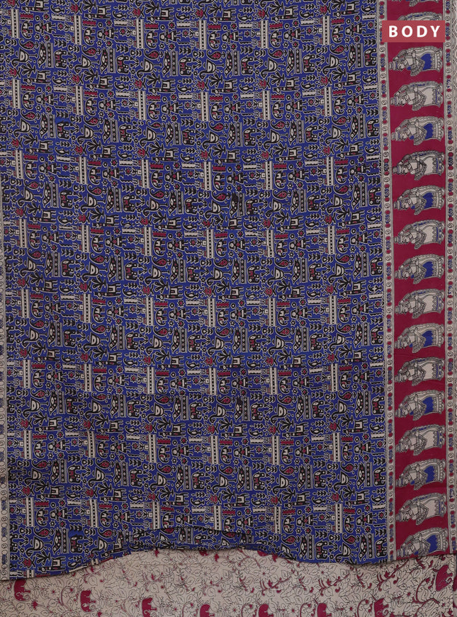 Kalamkari cotton saree blue and magenta pink with allover prints and printed border