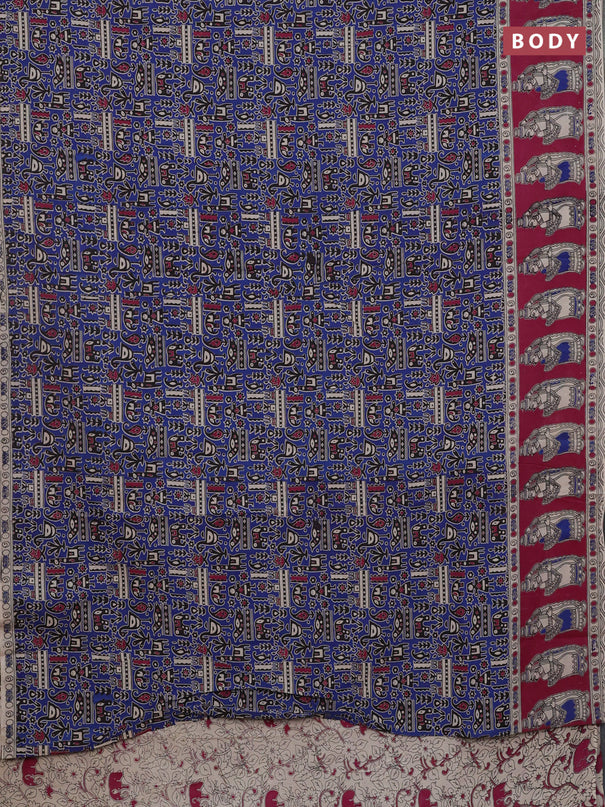 Kalamkari cotton saree blue and magenta pink with allover prints and printed border