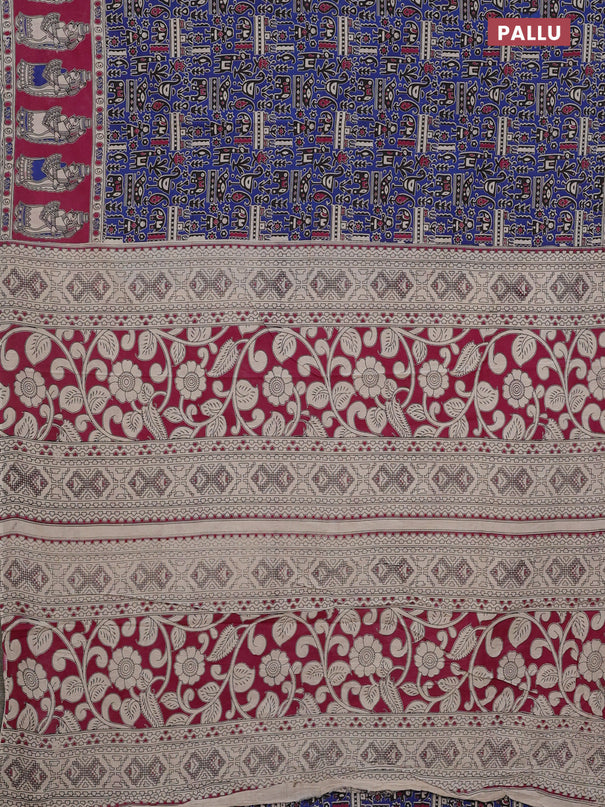 Kalamkari cotton saree blue and magenta pink with allover prints and printed border