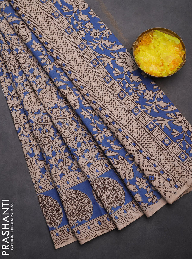 Kalamkari cotton saree cs blue and beige with allover prints and printed border