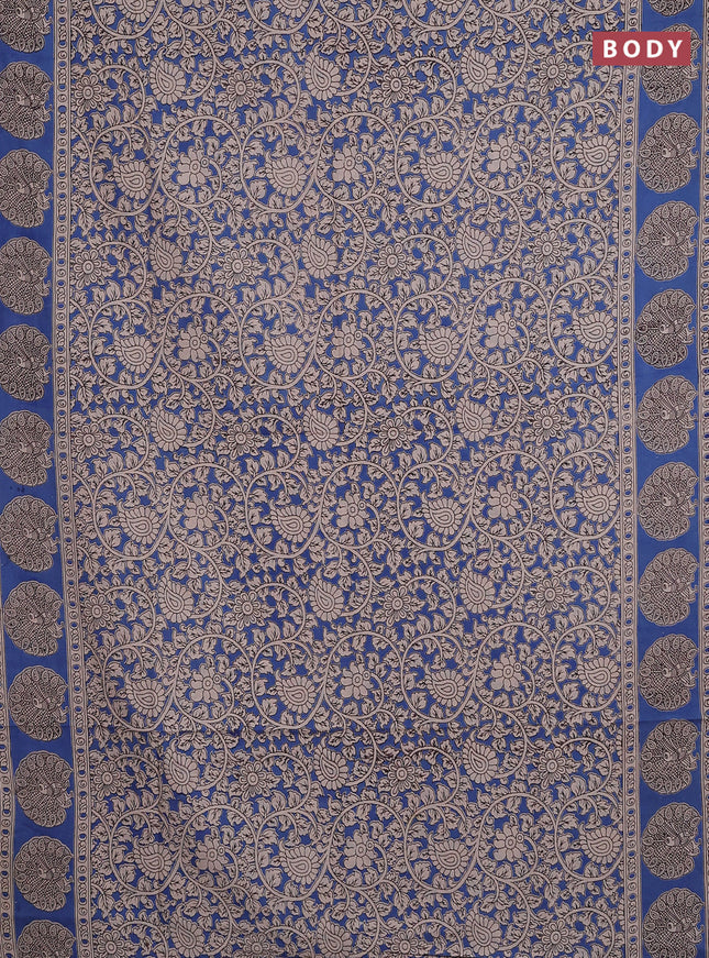 Kalamkari cotton saree cs blue and beige with allover prints and printed border