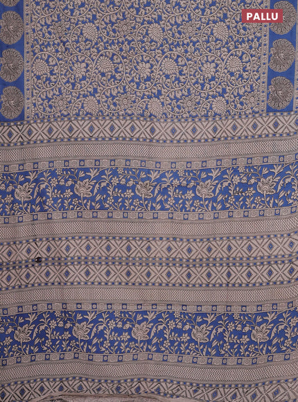 Kalamkari cotton saree cs blue and beige with allover prints and printed border