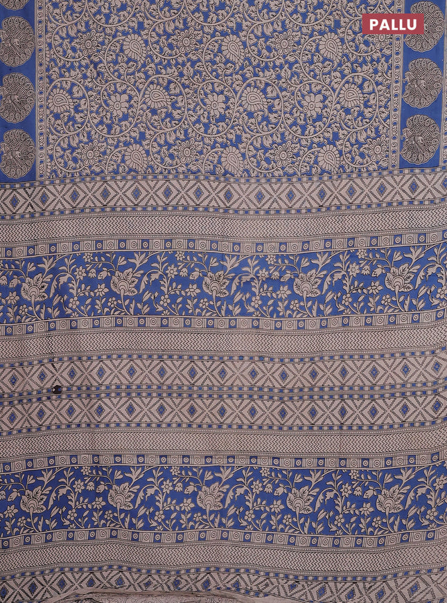 Kalamkari cotton saree cs blue and beige with allover prints and printed border