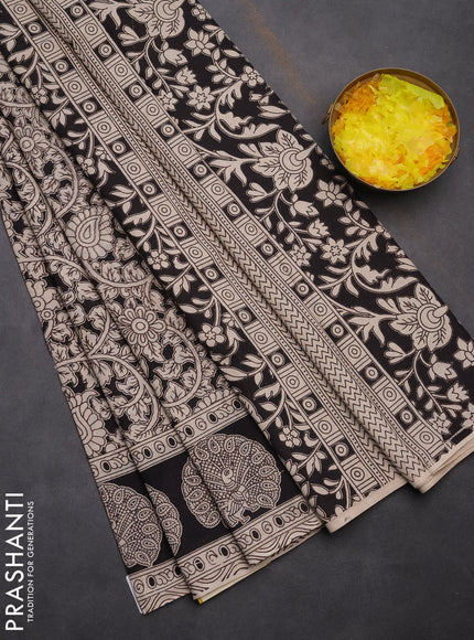 Kalamkari cotton saree black and beige with allover prints and printed border