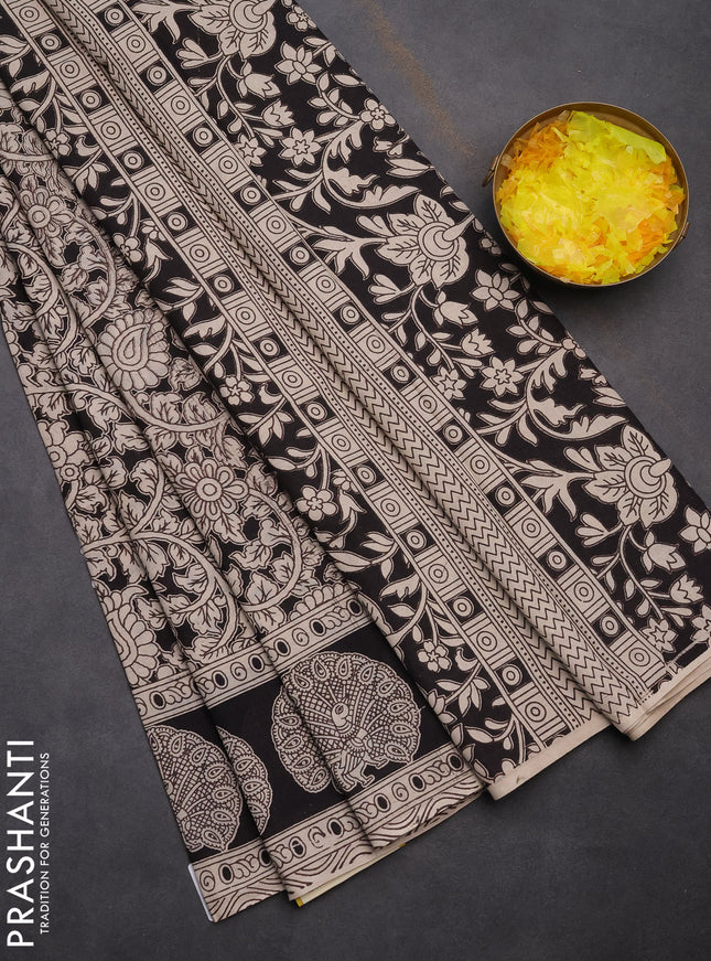 Kalamkari cotton saree black and beige with allover prints and printed border