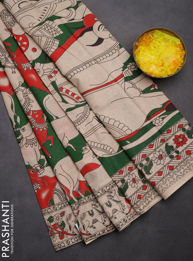 Kalamkari cotton saree green and beige with allover prints and printed border