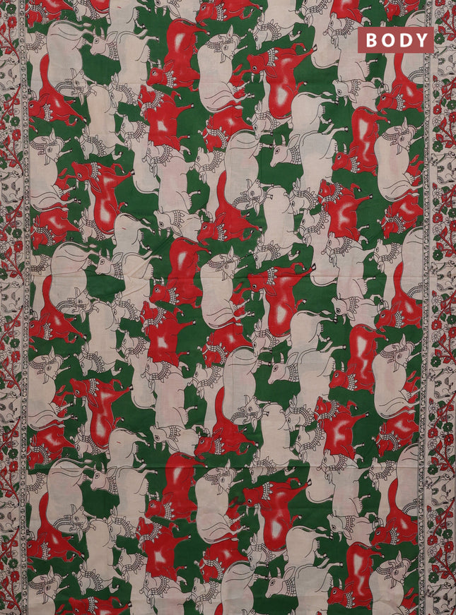 Kalamkari cotton saree green and beige with allover prints and printed border